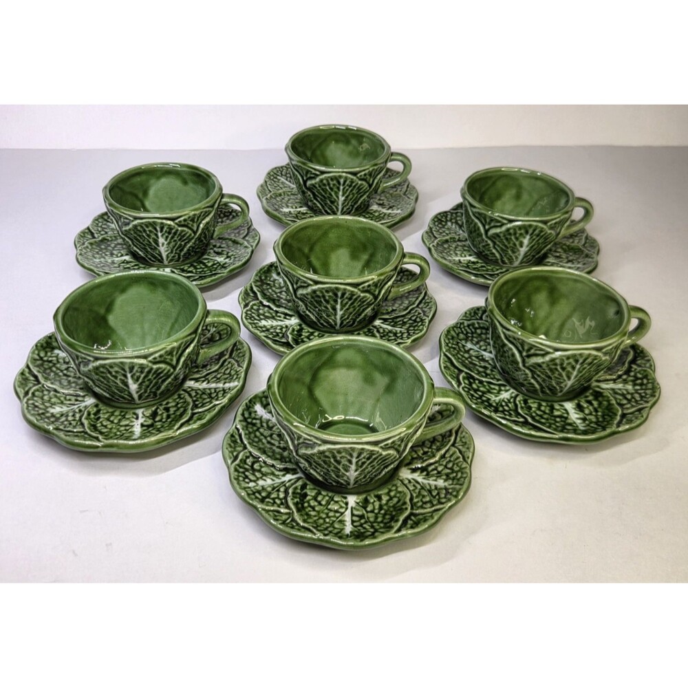14 Piece Set Majolica Cabbage Espresso 7 Cups & 7 Saucers Ceramic Cabbageware